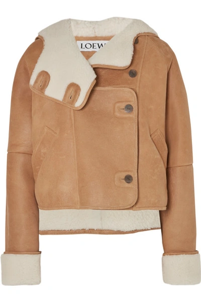 Shop Loewe Cropped Shearling Hooded Jacket In Brown