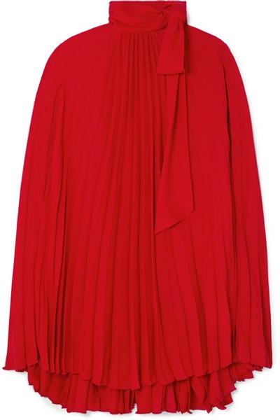 Shop Valentino Pussy-bow Cape-effect Pleated Georgette Mini Dress In Red