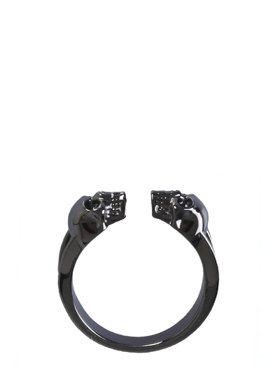 Shop Alexander Mcqueen Twin Skull Double Ring In Grigio