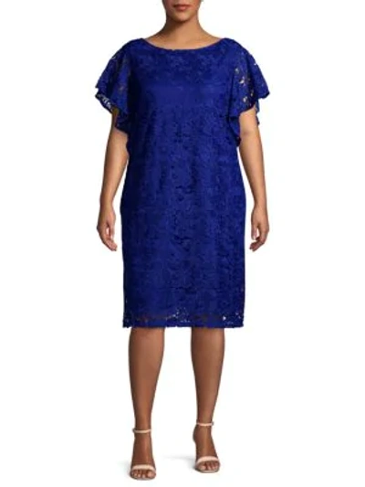 Shop Marina Plus Flutter-sleeve Lace Dress In Cobalt