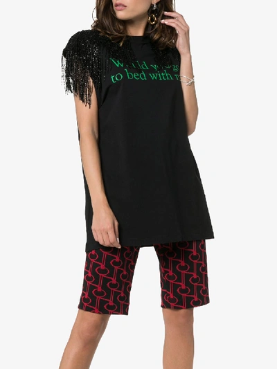 Shop Christopher Kane Slogan Cotton T-shirt With Fringing In Black