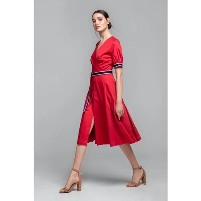 Shop Rumour London Jennifer Red Flared Cotton Poplin Dress With Slits