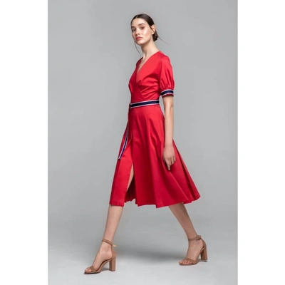 Rumour London Jennifer Red Flared Cotton Poplin Dress With Slits In Poplin