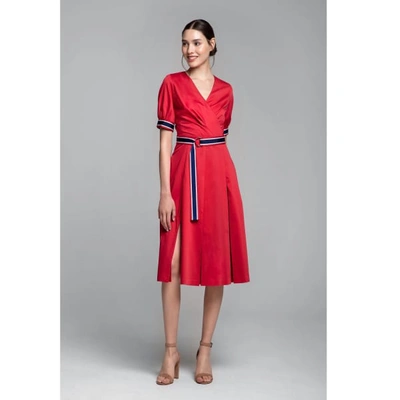 Rumour London Jennifer Red Flared Cotton Poplin Dress With Slits In Poplin