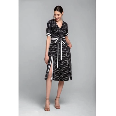 Rumour London Women's White / Black Jennifer Flared Cotton Dress With Slits In Polka Dots & Stripes In Cotton