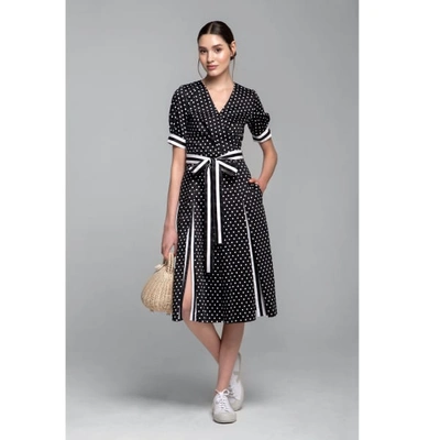 Rumour London Women's White / Black Jennifer Flared Cotton Dress With Slits In Polka Dots & Stripes In Cotton