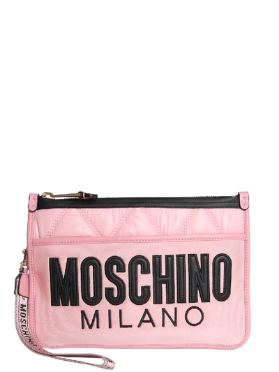 Shop Moschino Logo Quilted Clutch Bag In Pink