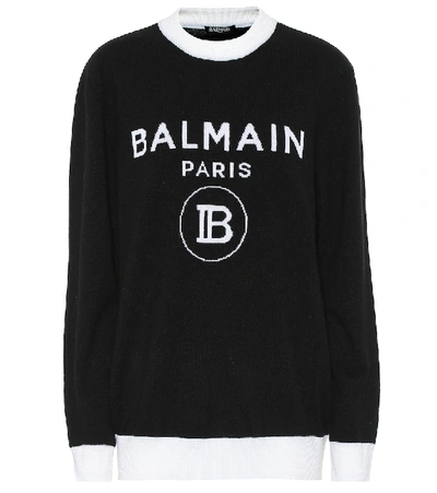 Shop Balmain Logo Wool And Cashmere Sweater In Black
