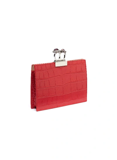 Shop Alexander Mcqueen Swarovski Crystal Croc Embossed Leather Knuckle Clutch In Lust Red