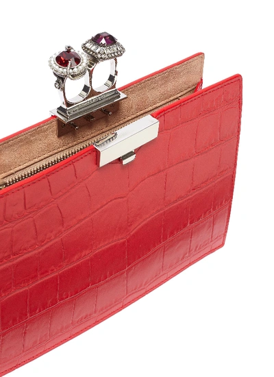 Shop Alexander Mcqueen Swarovski Crystal Croc Embossed Leather Knuckle Clutch In Lust Red