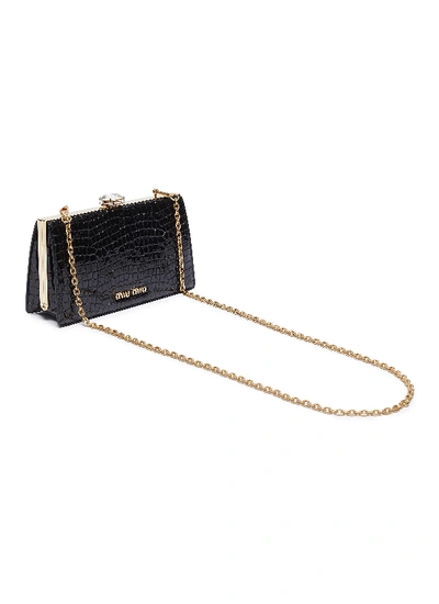 Shop Miu Miu Glass Crystal Stud Croc Embossed Leather Clutch