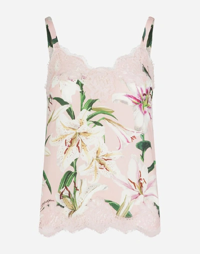 Shop Dolce & Gabbana Lily-print Charmeuse Lingerie Top With Lace In Pink