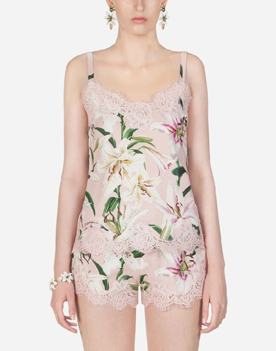 Shop Dolce & Gabbana Lily-print Charmeuse Lingerie Top With Lace In Pink