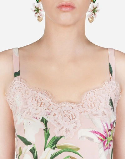 Shop Dolce & Gabbana Lily-print Charmeuse Lingerie Top With Lace In Pink