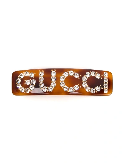 Shop Gucci Crystal Embellished Hair Clip - Brown