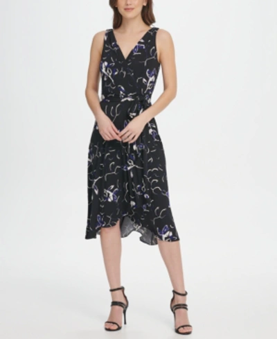 Shop Dkny Jersery Floral Double-v Wrap Midi Dress In Black/blueberry