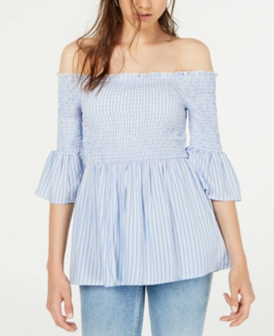 Shop Almost Famous Crave Fame Juniors' Printed Off-the-shoulder Babydoll Top In Blue