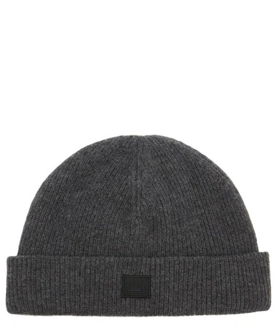 Shop Acne Studios Pansy Face Wool Beanie Hat In Dark Grey Melange