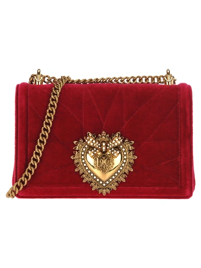 Shop Dolce & Gabbana Medium Devotion Crossbody Bag In Quilted Velvet In Red