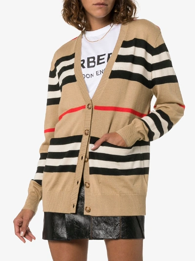 Shop Burberry Icon Stripe Cardigan In Neutrals