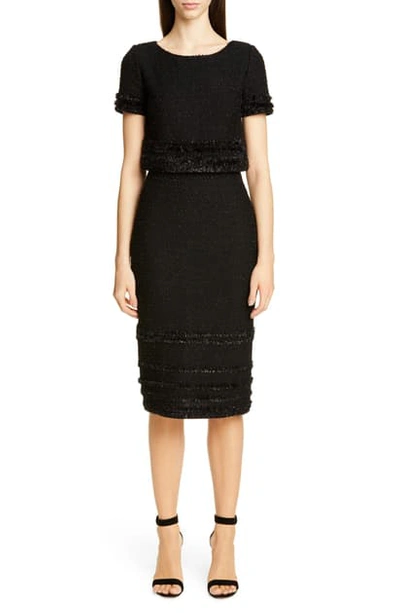 St. John Bateau neck Short sleeve Glimmering Tweed Dress W Fringe
