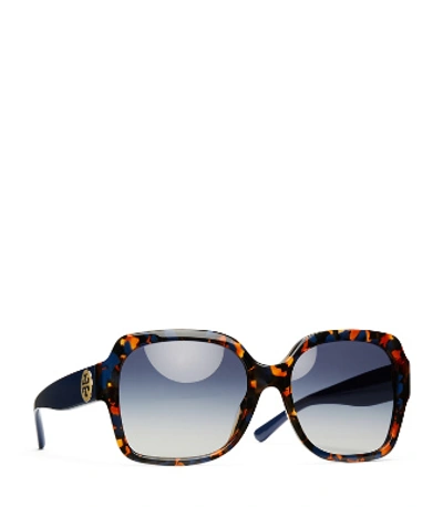 Shop Tory Burch Reva Large Square Sunglasses In Blue Amber Tortoise/navy