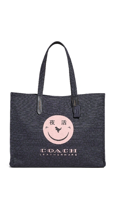 Shop Coach 1941 X Yeti Out Smiley Face Tote 42 Bag In Midnight Navy