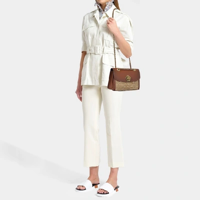 Shop Coach Straw Colorblock Parker Shoulder Bag In Brown Calfskin And Beige Raffia