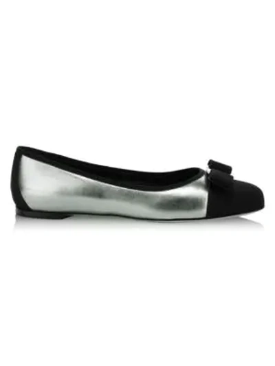Shop Ferragamo Varina Cap-toe Metallic Leather Ballet Flats In Black