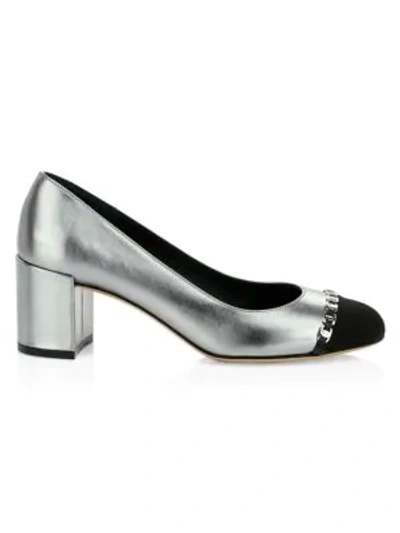 Shop Ferragamo Avella 2 Cap-toe Metallic Leather Pumps In Acciaio