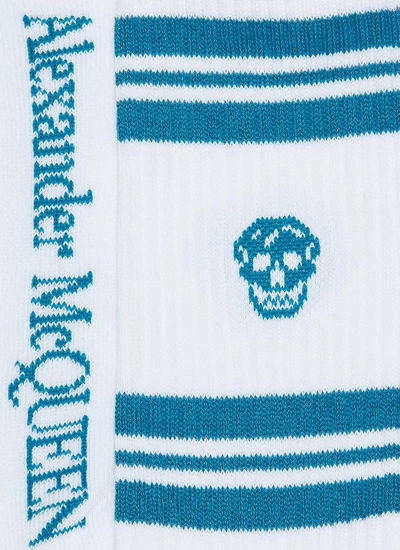 Shop Alexander Mcqueen Skull Print Stripe Sport Socks In White / Teal Blue
