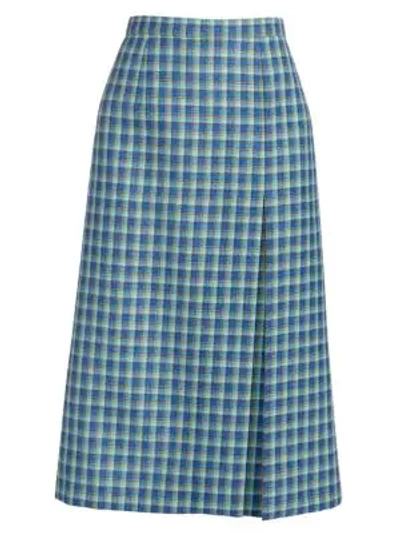 Shop Balenciaga High Slit Plaid Pencil Skirt In Blue Azure