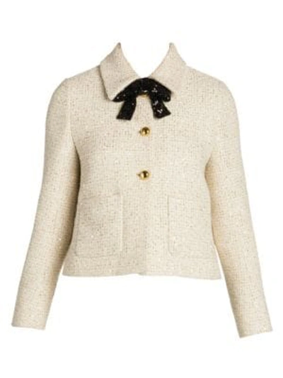 Shop Miu Miu Sequin Tweed Bow Jacket In Ivory