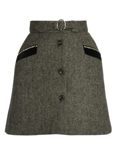 Shop Miu Miu Virgin Wool Shetland Herringbone Mini Skirt In Dark Grey