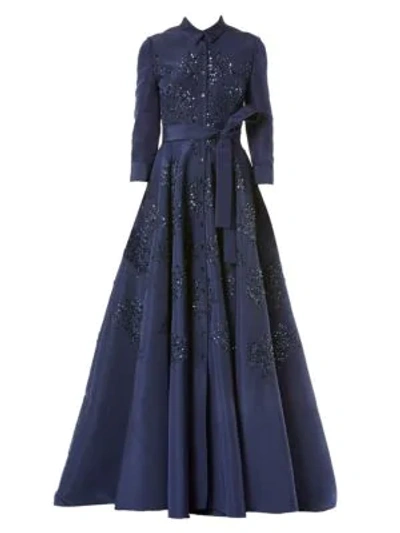Shop Carolina Herrera Embellished Silk Trench Gown In Sapphire Multi