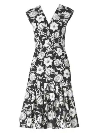 Shop Carolina Herrera Floral V-neck Cap Sleeve Dress In Black White