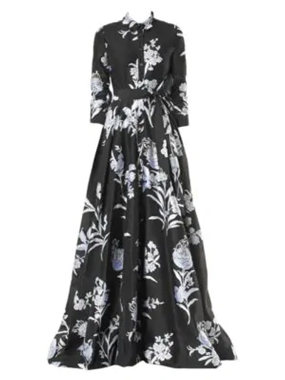 Shop Carolina Herrera Floral Stretch-silk Trench Gown In Black White