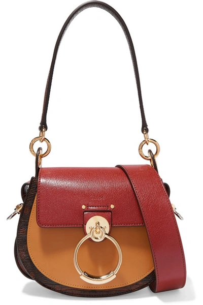 Shop Chloé Tess Small Color-block Smooth And Lizard-effect Leather Shoulder Bag In Brown