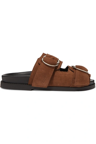 Shop Ganni Buckled Suede Slides In Brown