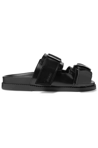 Shop Ganni Buckled Polished-leather Slides In Black