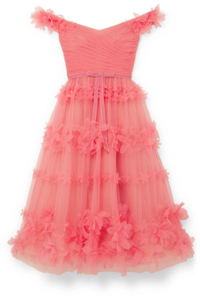 Shop Marchesa Notte Off-the-shoulder Velvet-trimmed Appliquéd Tulle Dress In Coral