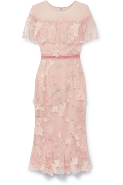 Shop Marchesa Notte Velvet-trimmed Appliquéd Embroidered Tulle Midi Dress In Blush
