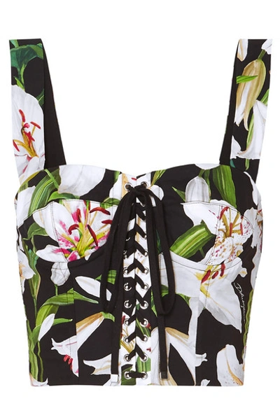Shop Dolce & Gabbana Cropped Floral-print Cotton-blend Poplin And Mesh Bustier Top In Black