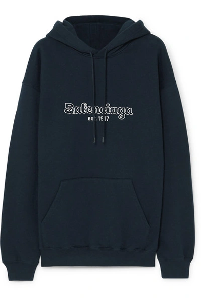 Shop Balenciaga Embroidered Cotton-jersey Hoodie In Midnight Blue