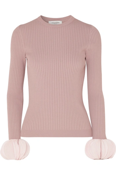 Shop Valentino Silk Georgette-trimmed Ribbed Stretch-knit Sweater In Pink