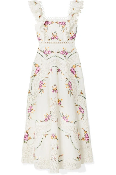 Shop Zimmermann Allia Lace-trimmed Embroidered Linen And Cotton-blend Maxi Dress In Ivory