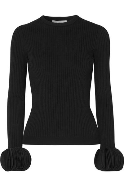 Shop Valentino Silk Georgette-trimmed Ribbed Stretch-knit Sweater In Black