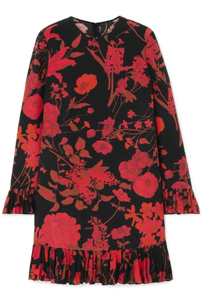 Shop Valentino Ruffled Floral-print Silk Crepe De Chine Midi Dress In Black