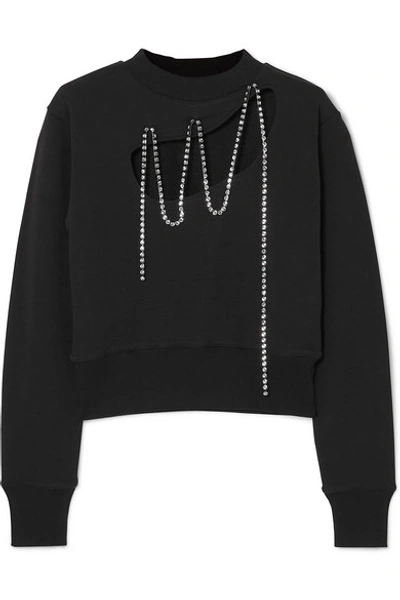 Shop Christopher Kane Squiggle Cropped Crystal-embellished Cotton-jersey Sweatshirt In Black