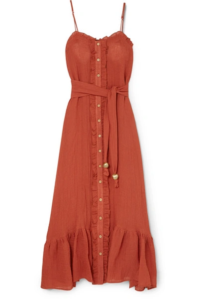 Shop Lisa Marie Fernandez Ruffled Tiered Linen-blend Gauze Maxi Dress In Orange